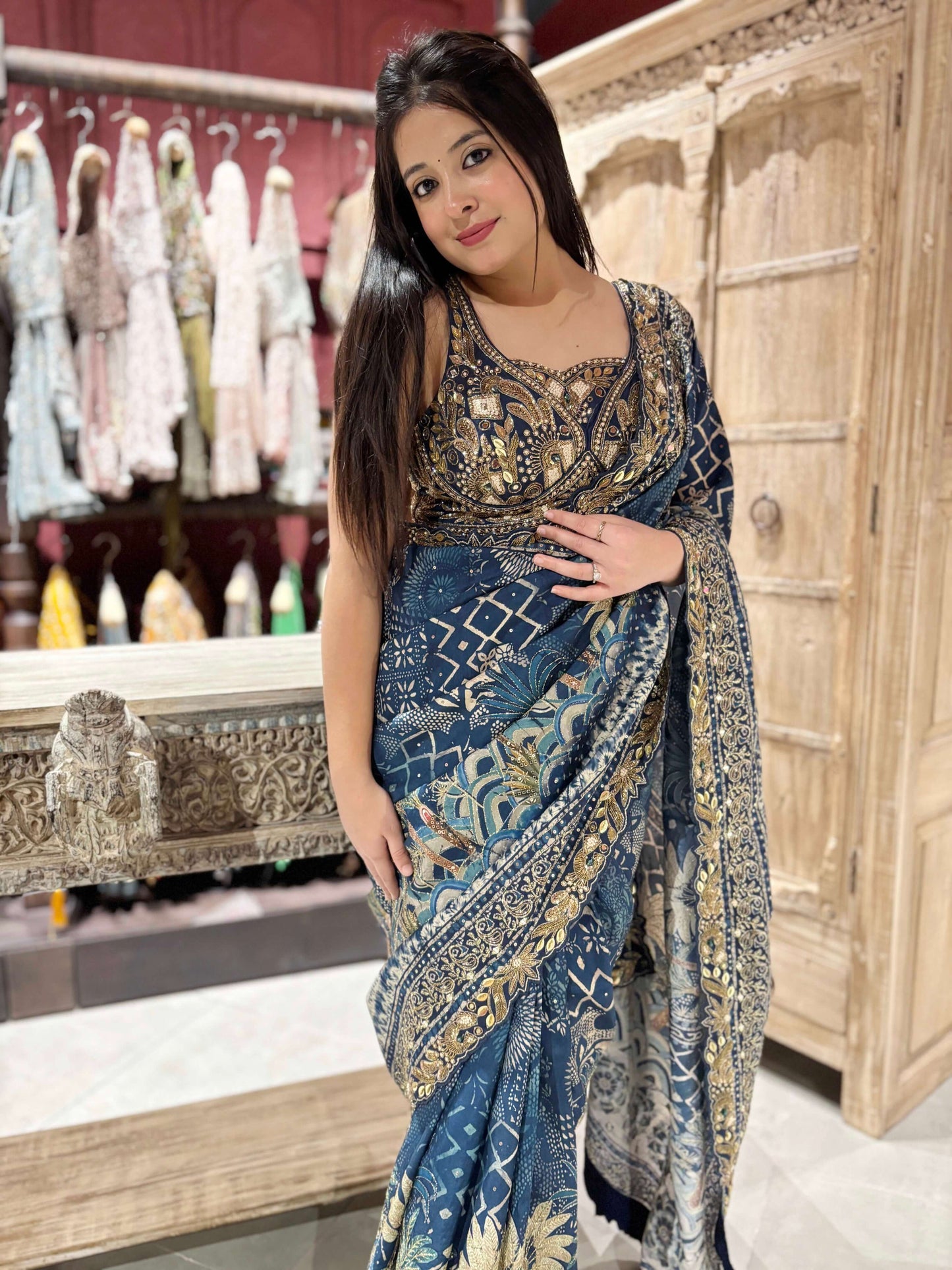 Blue Silk Saree with Heavy Golden Zari Embroidery & Designer Blouse