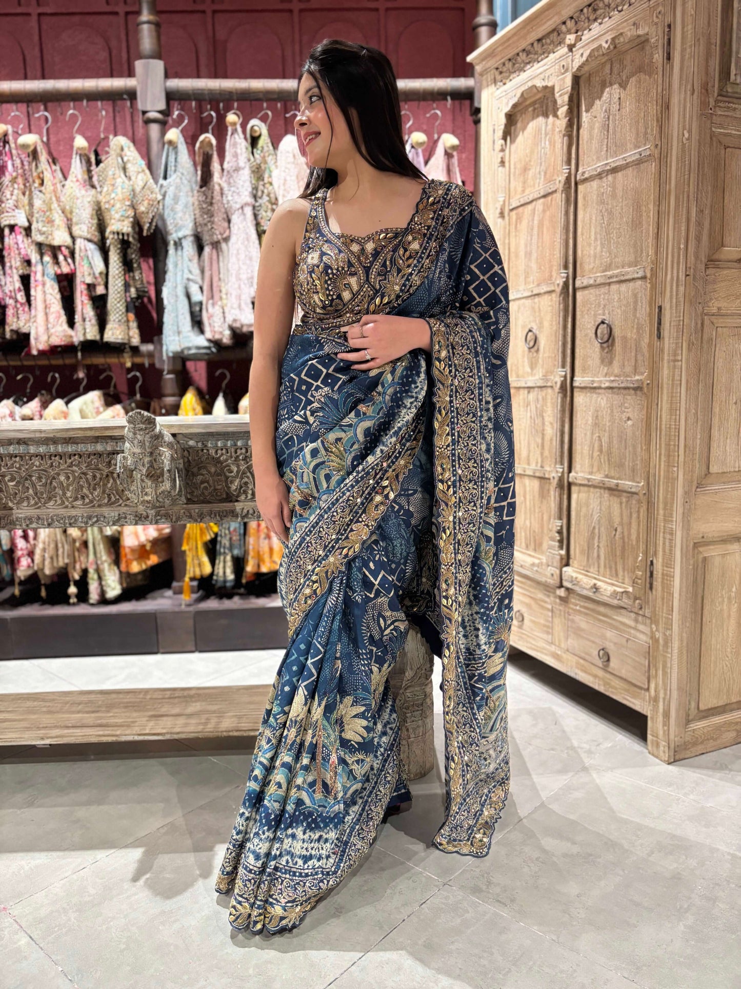 Blue Silk Saree with Heavy Golden Zari Embroidery & Designer Blouse