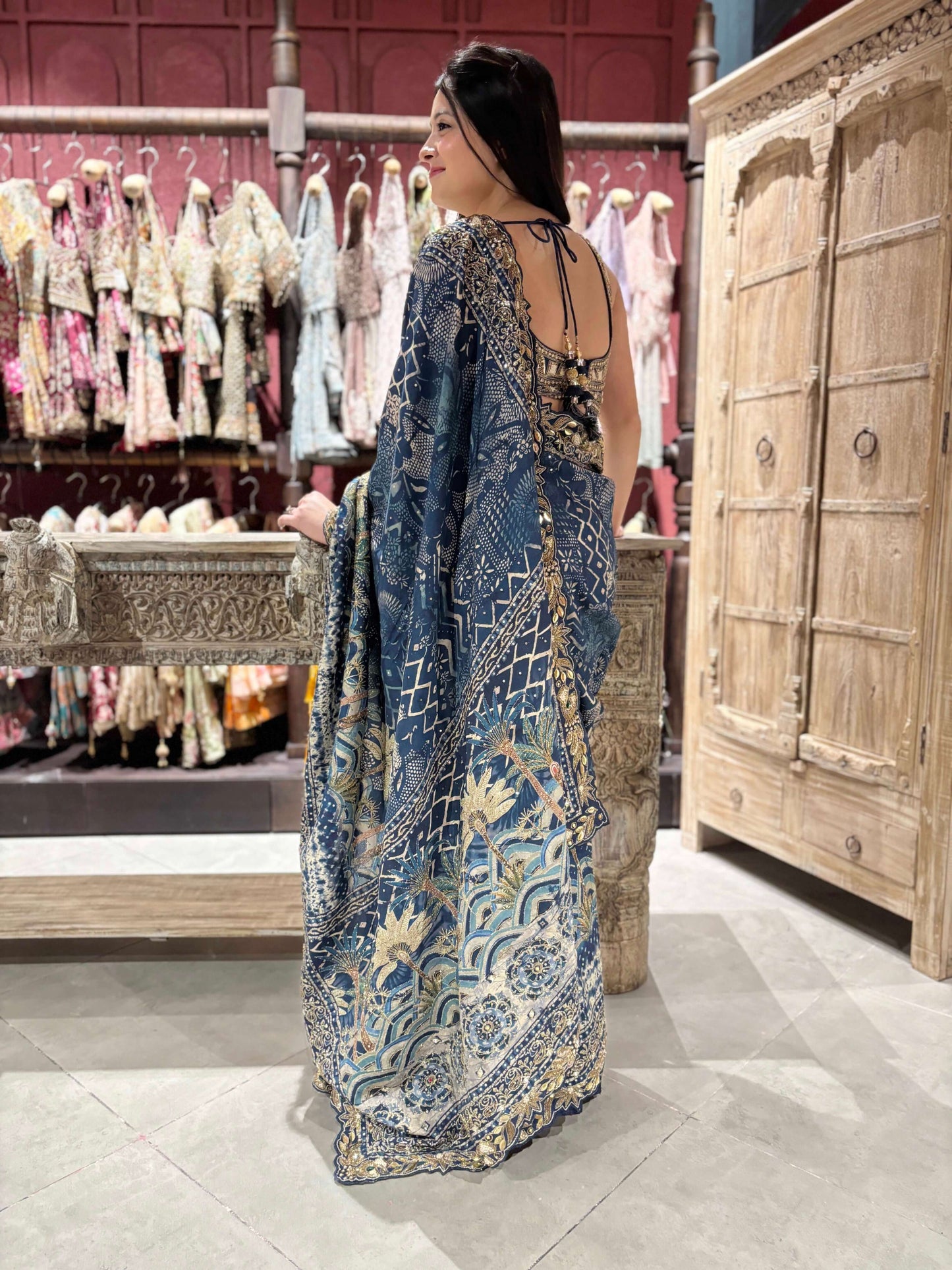 Blue Silk Saree with Heavy Golden Zari Embroidery & Designer Blouse