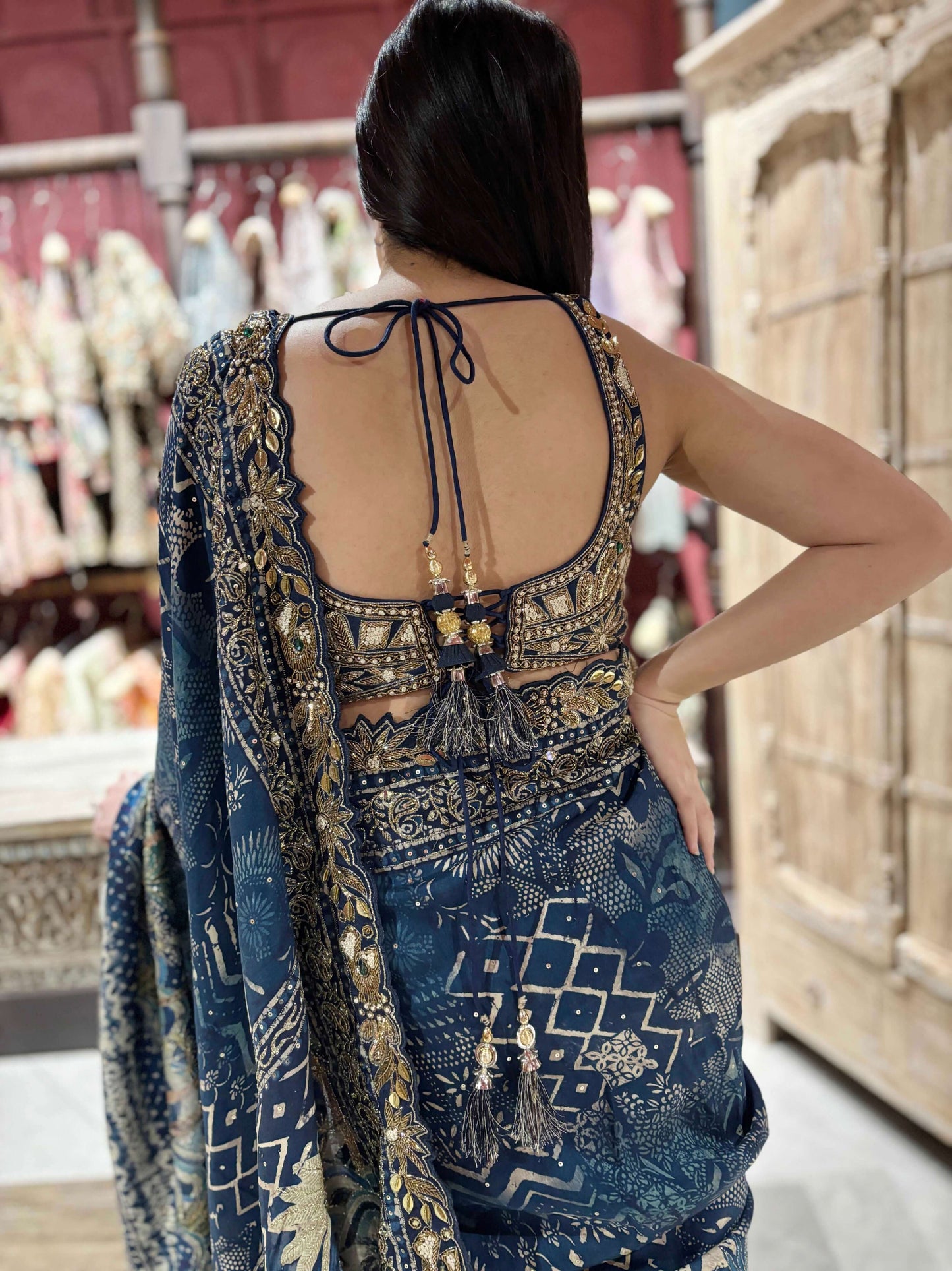 Blue Silk Saree with Heavy Golden Zari Embroidery & Designer Blouse