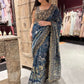 Blue Silk Saree with Heavy Golden Zari Embroidery & Designer Blouse