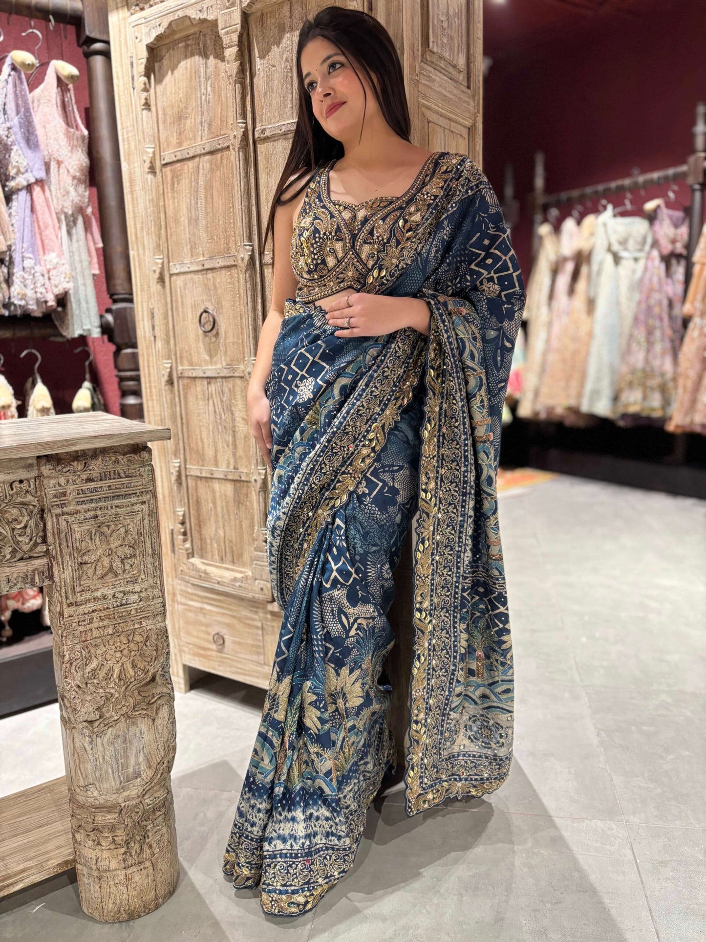 Blue Silk Saree with Heavy Golden Zari Embroidery & Designer Blouse