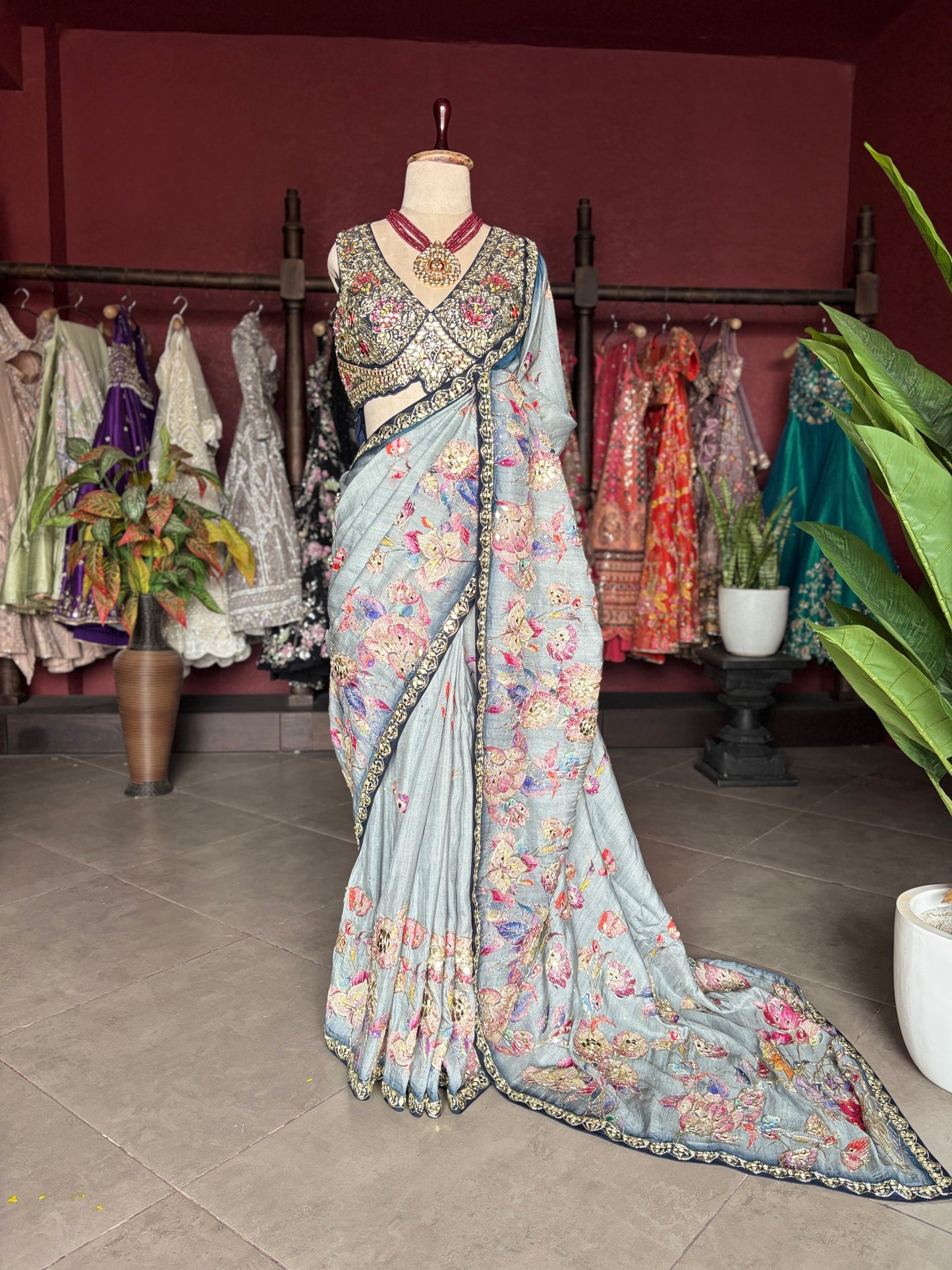 Pastel Designer Saree with Navy Embroidered Border and Heavy Blouse