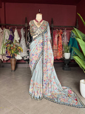 Pastel Designer Saree with Navy Embroidered Border and Heavy Blouse