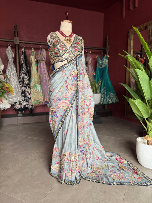 Pastel Designer Saree with Navy Embroidered Border and Heavy Blouse
