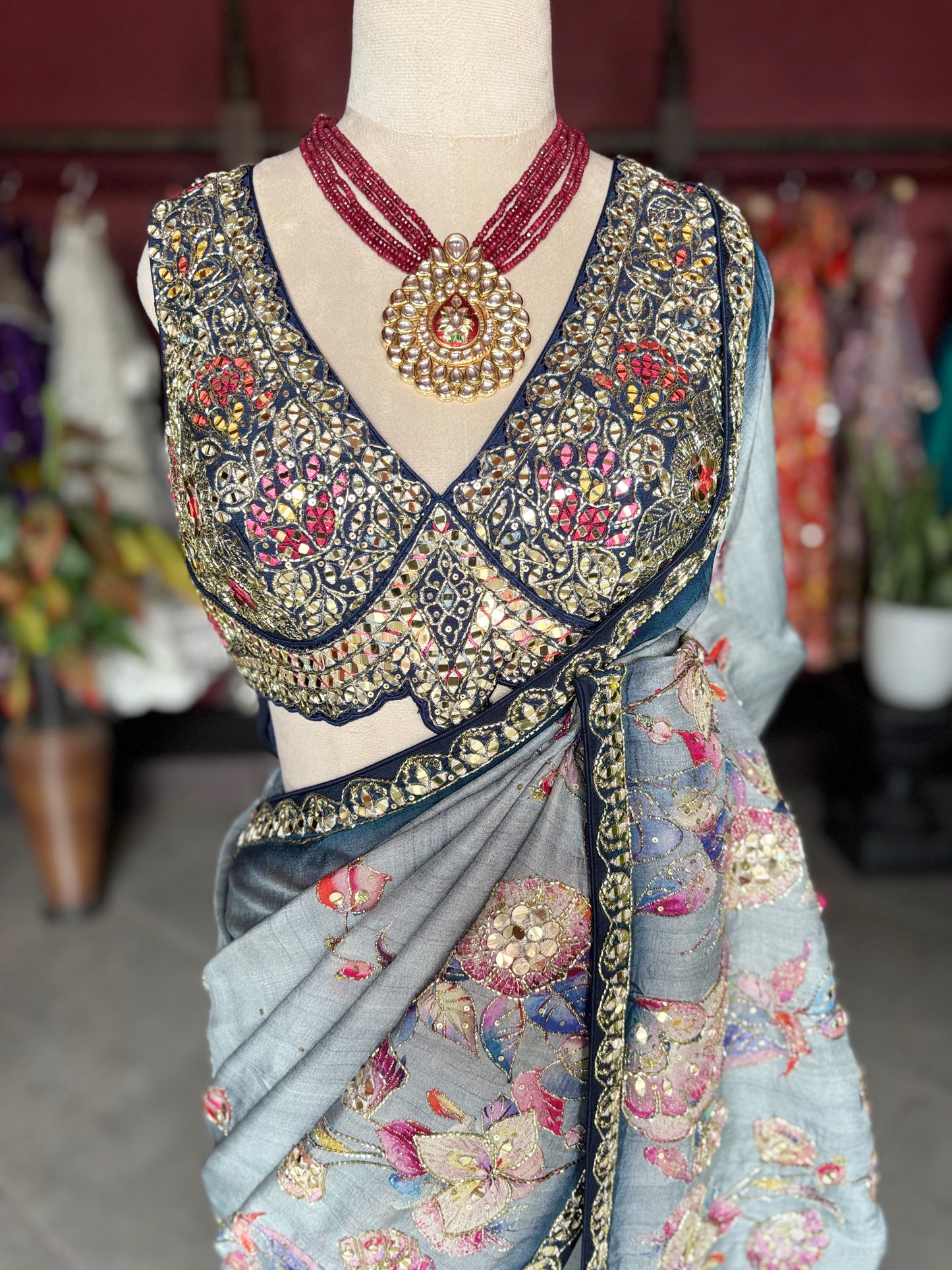 Pastel Designer Saree with Navy Embroidered Border and Heavy Blouse