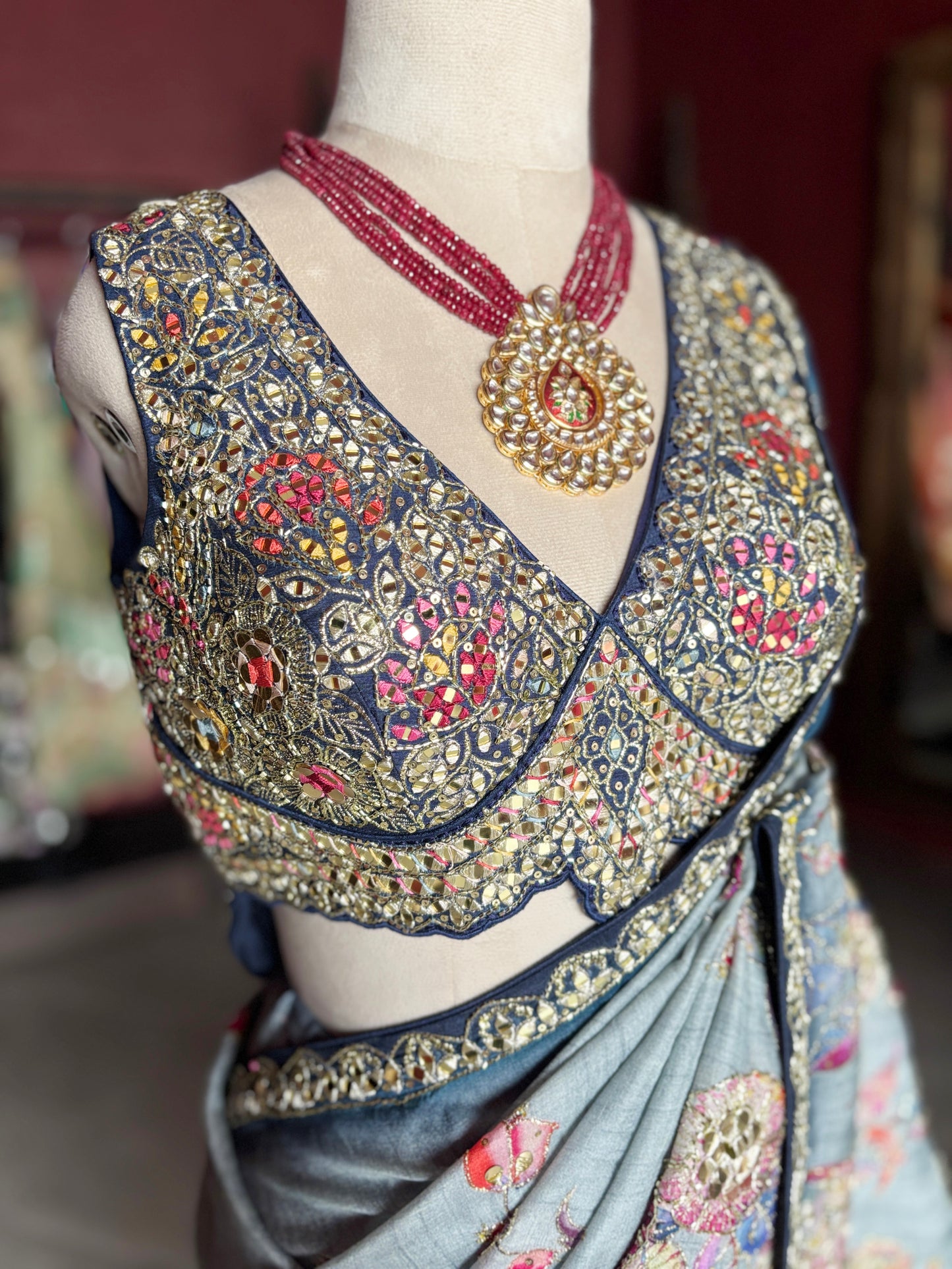 Pastel Designer Saree with Navy Embroidered Border and Heavy Blouse