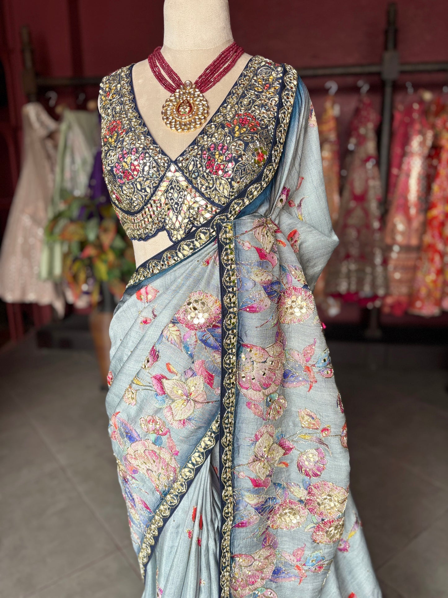 Pastel Designer Saree with Navy Embroidered Border and Heavy Blouse