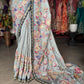 Pastel Designer Saree with Navy Embroidered Border and Heavy Blouse