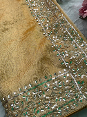 Mustard Designer Saree with Sequin Embroidery & Maroon Handwork Blouse