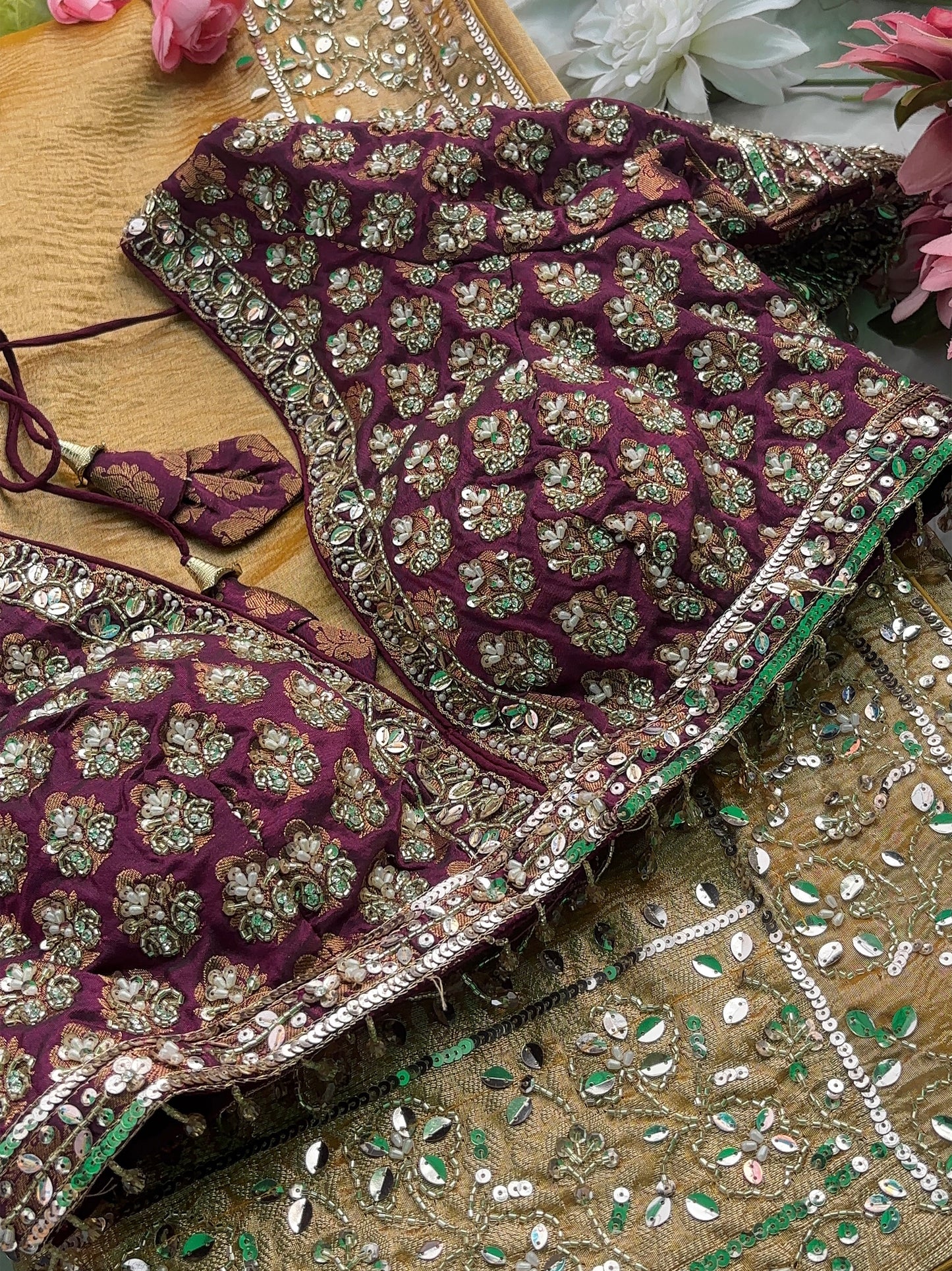 Mustard Designer Saree with Sequin Embroidery & Maroon Handwork Blouse