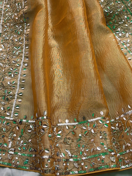 Mustard Designer Saree with Sequin Embroidery & Maroon Handwork Blouse