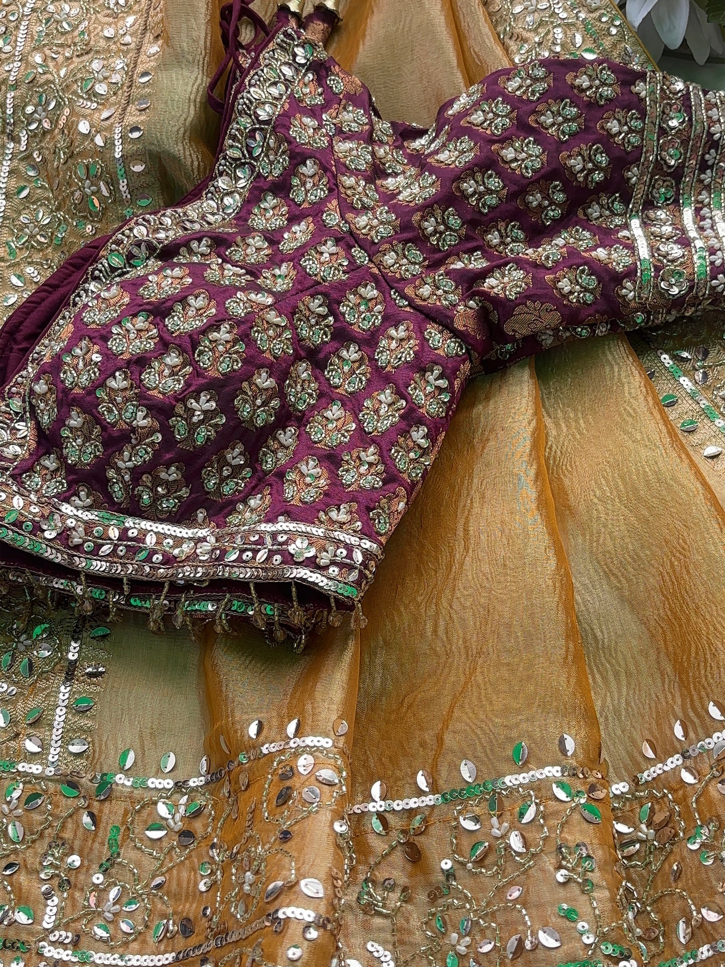 Mustard Designer Saree with Sequin Embroidery & Maroon Handwork Blouse