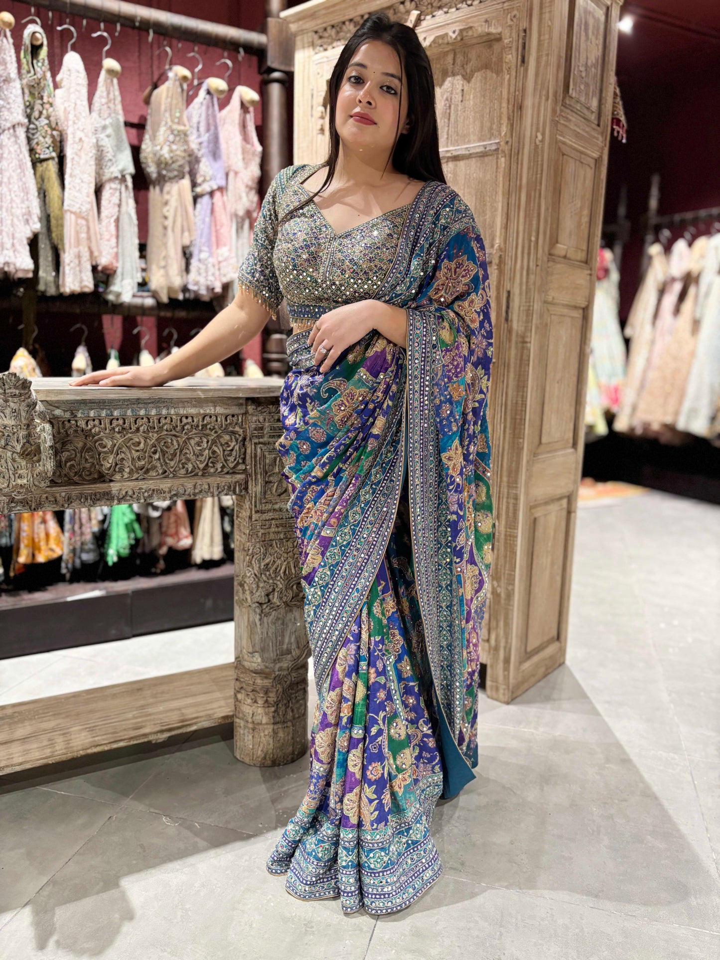 Designer Mirror Work Saree with Heavy Embroidered Blouse