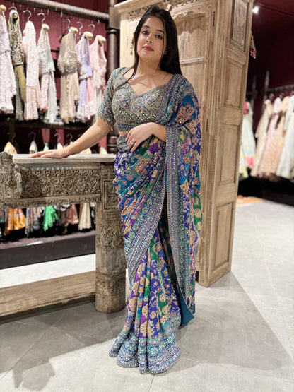 Designer Mirror Work Saree with Heavy Embroidered Blouse