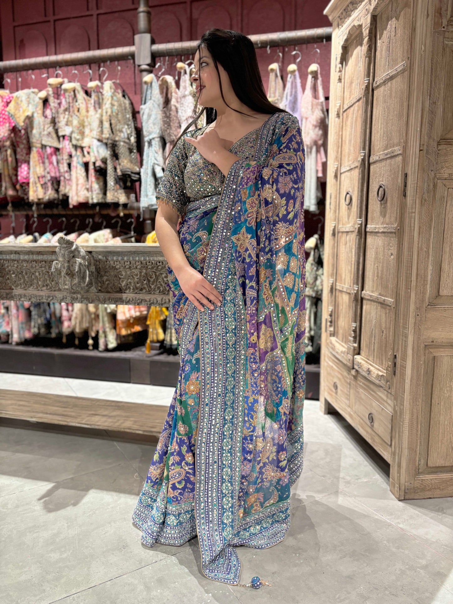 Designer Mirror Work Saree with Heavy Embroidered Blouse