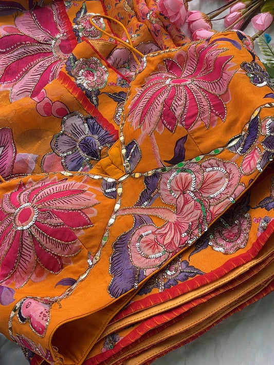 Orange Floral Designer Saree with Sequin Embroidery Work