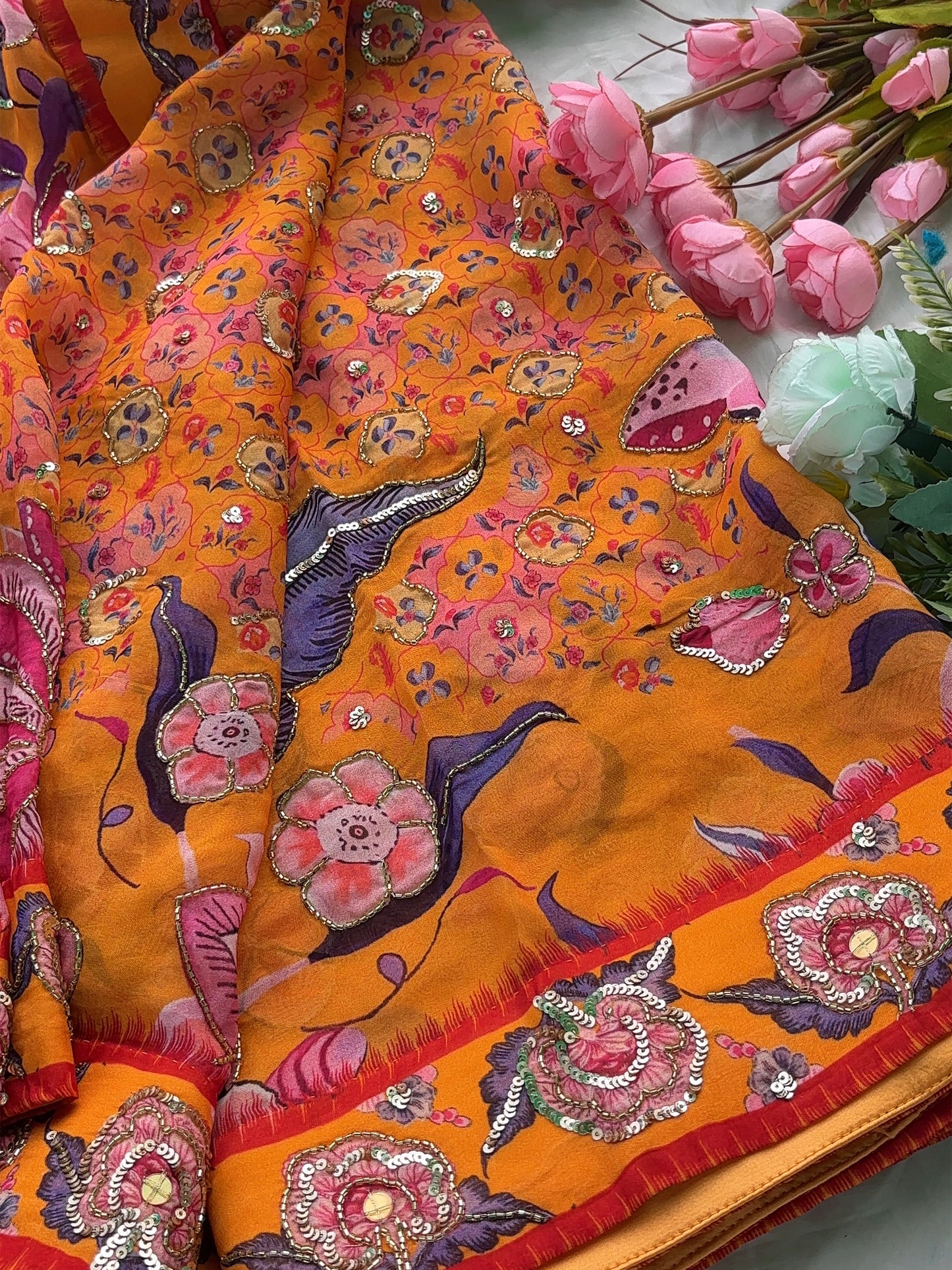 Orange Floral Designer Saree with Sequin Embroidery Work