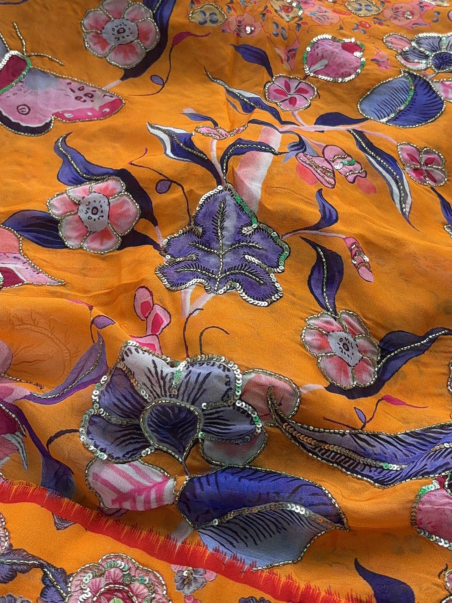 Orange Floral Designer Saree with Sequin Embroidery Work