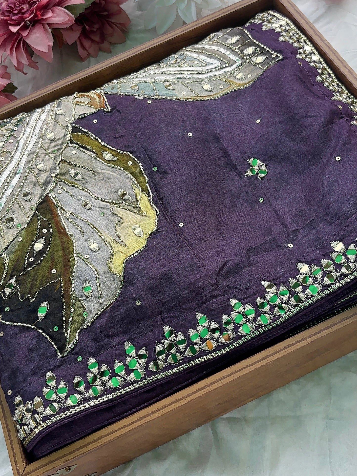 Purple Designer Saree with Mirror Work & Hand Embroidered Blouse