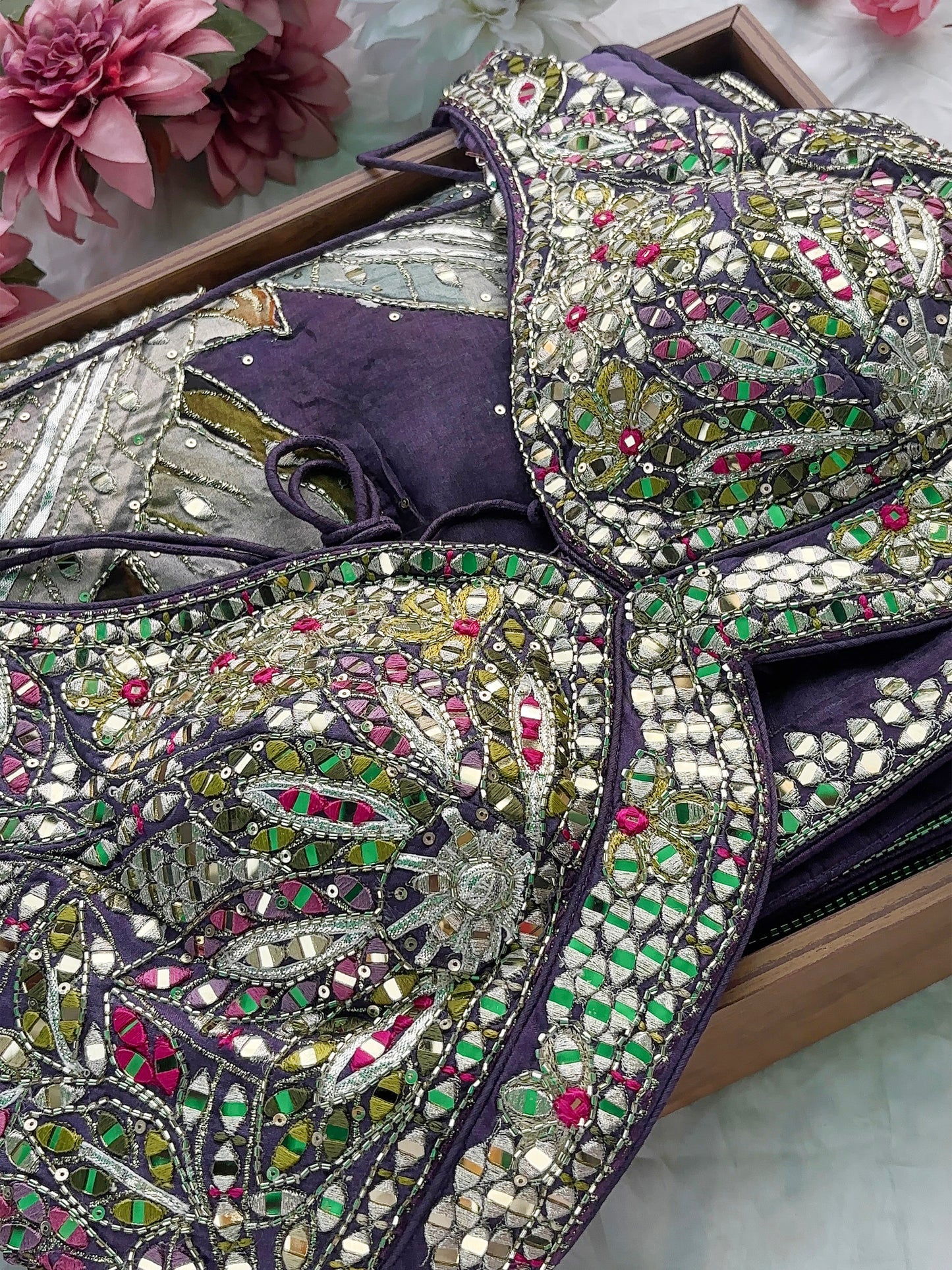 Purple Designer Saree with Mirror Work & Hand Embroidered Blouse