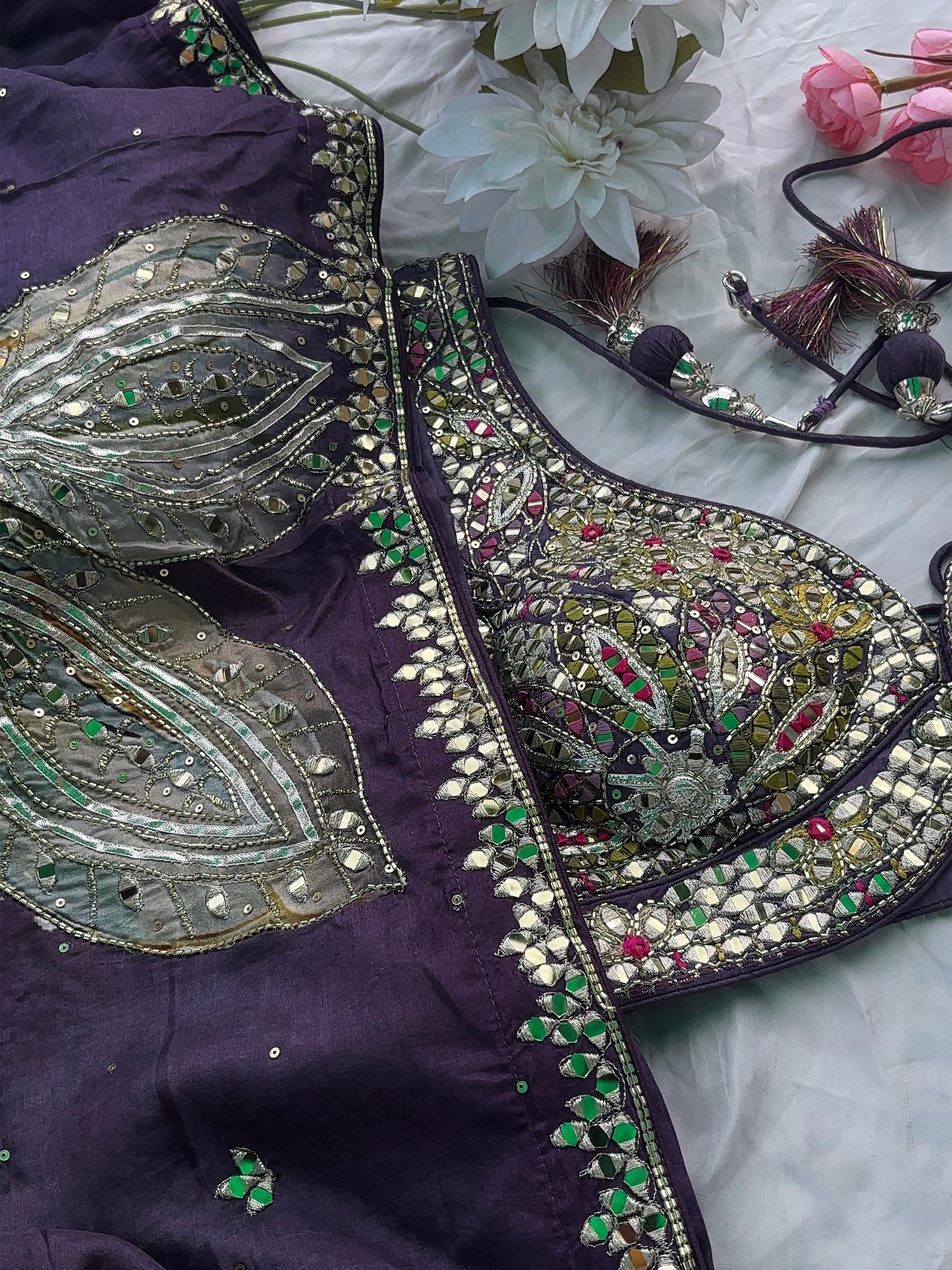 Purple Designer Saree with Mirror Work & Hand Embroidered Blouse