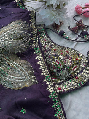 Purple Designer Saree with Mirror Work & Hand Embroidered Blouse