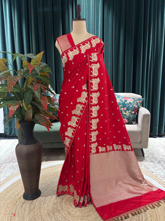 Red Banarasi Saree with Traditional Elephant Motif Zari Work