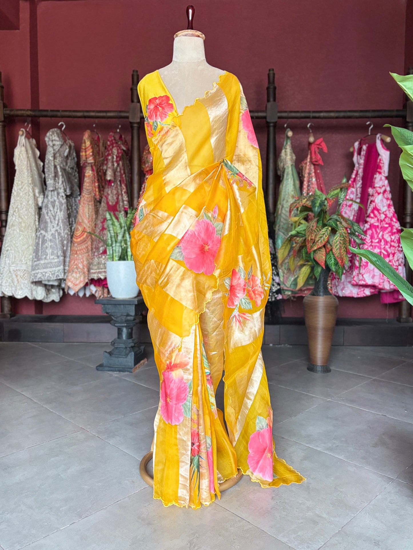 Pure Kora Silk Tissue Saree With Striped Pallu and Scallop Border