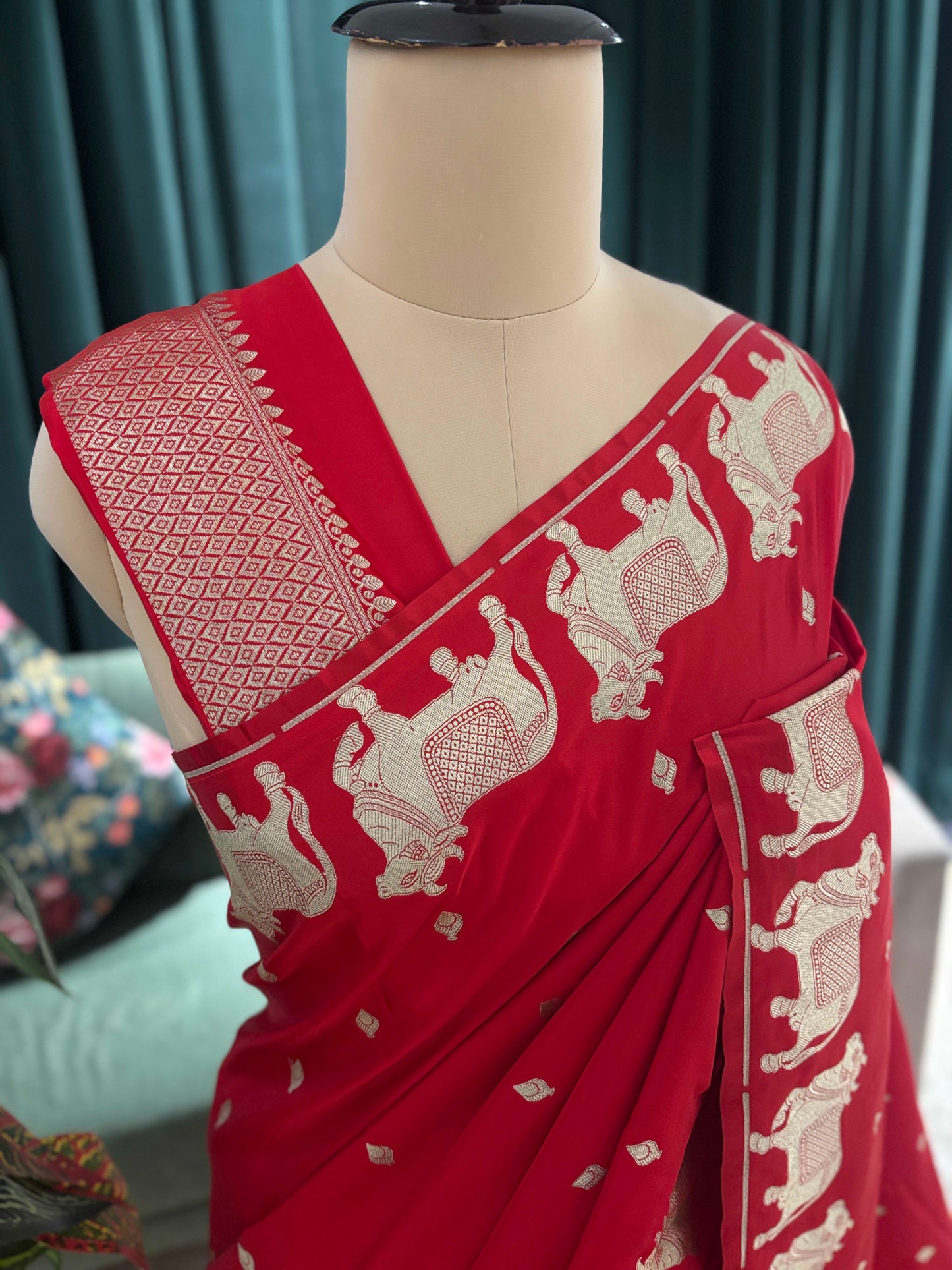 Red Banarasi Saree with Traditional Elephant Motif Zari Work