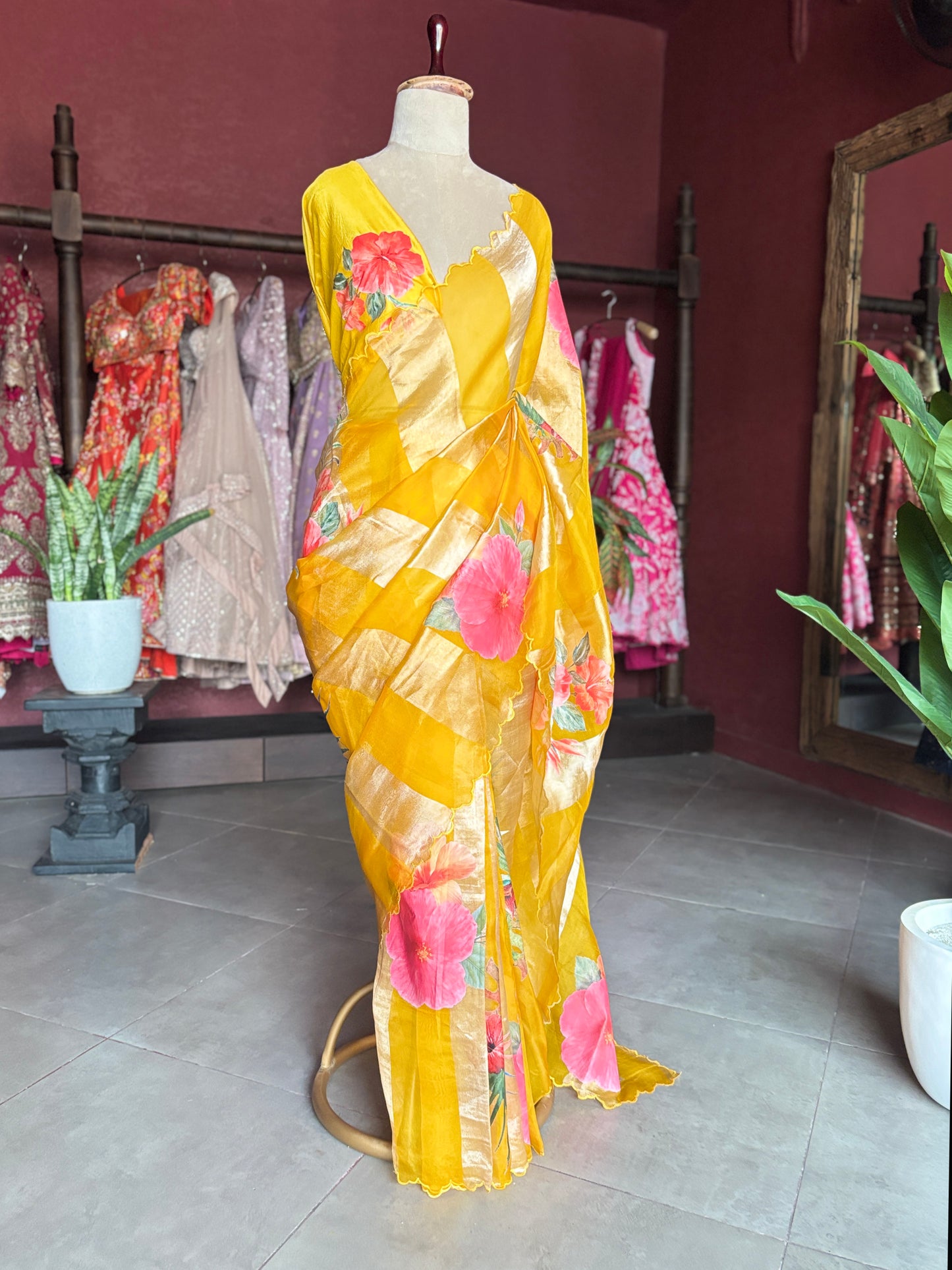 Pure Kora Silk Tissue Saree With Striped Pallu and Scallop Border