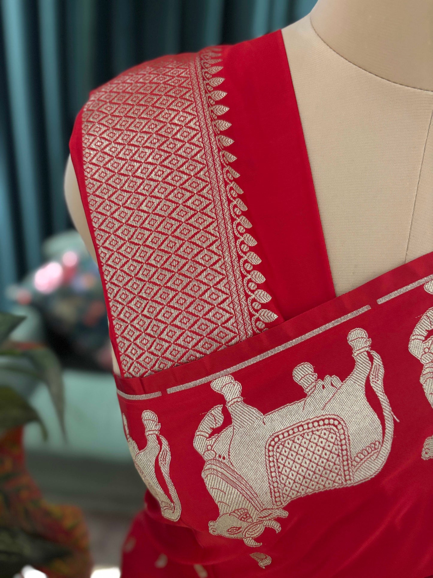 Red Banarasi Saree with Traditional Elephant Motif Zari Work