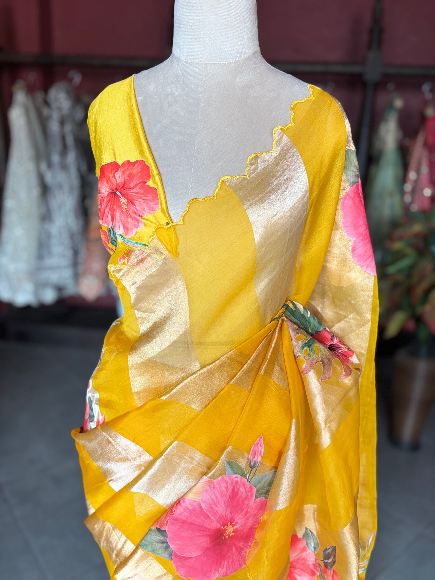 Pure Kora Silk Tissue Saree With Striped Pallu and Scallop Border