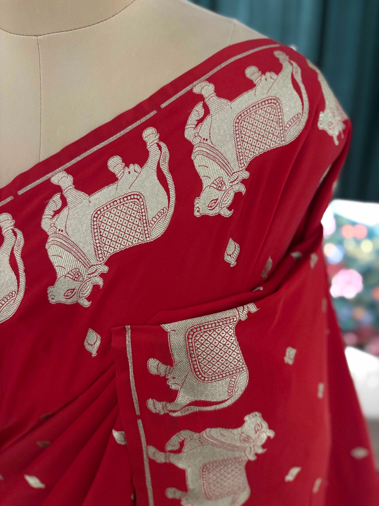 Red Banarasi Saree with Traditional Elephant Motif Zari Work