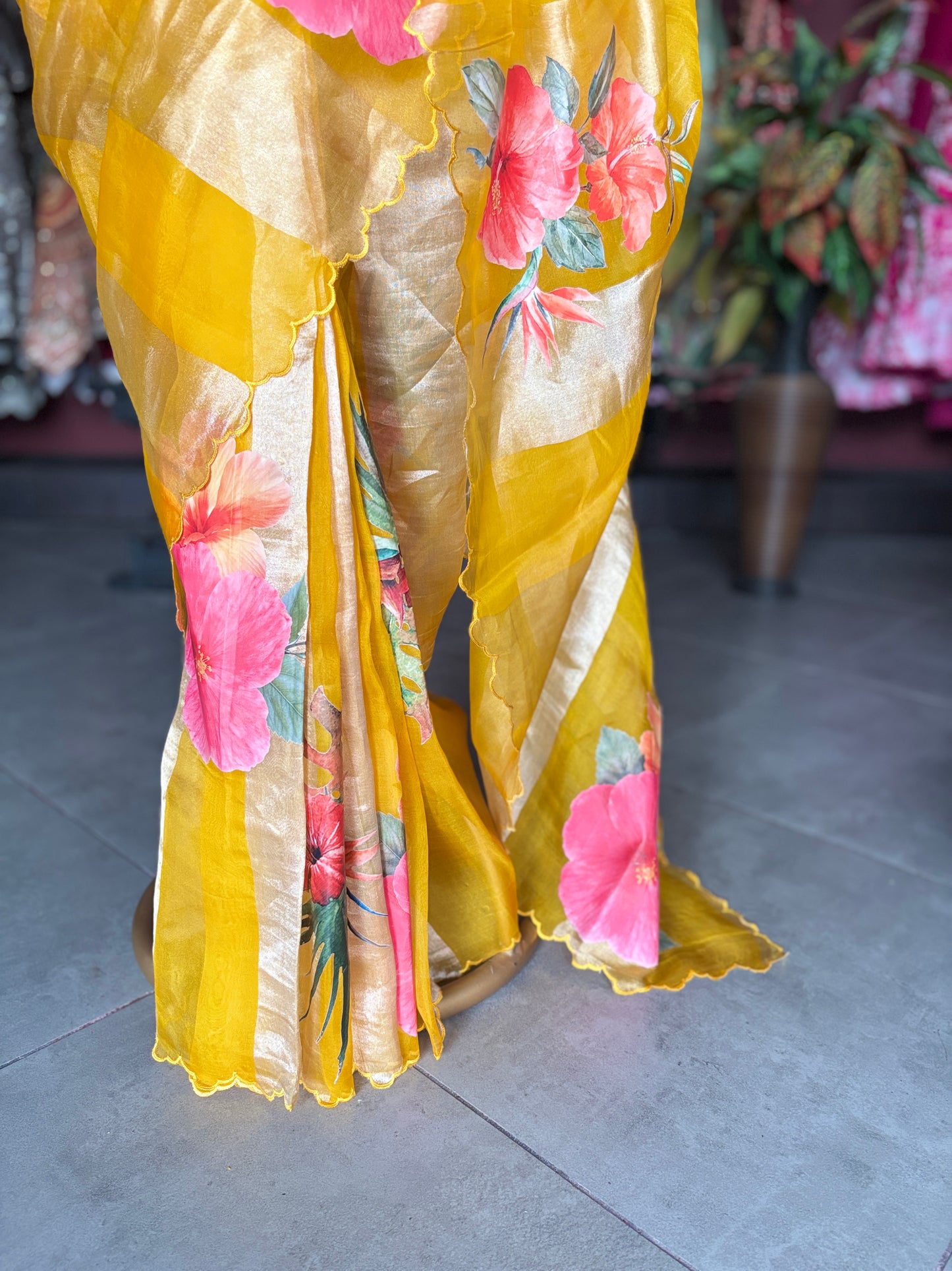 Pure Kora Silk Tissue Saree With Striped Pallu and Scallop Border
