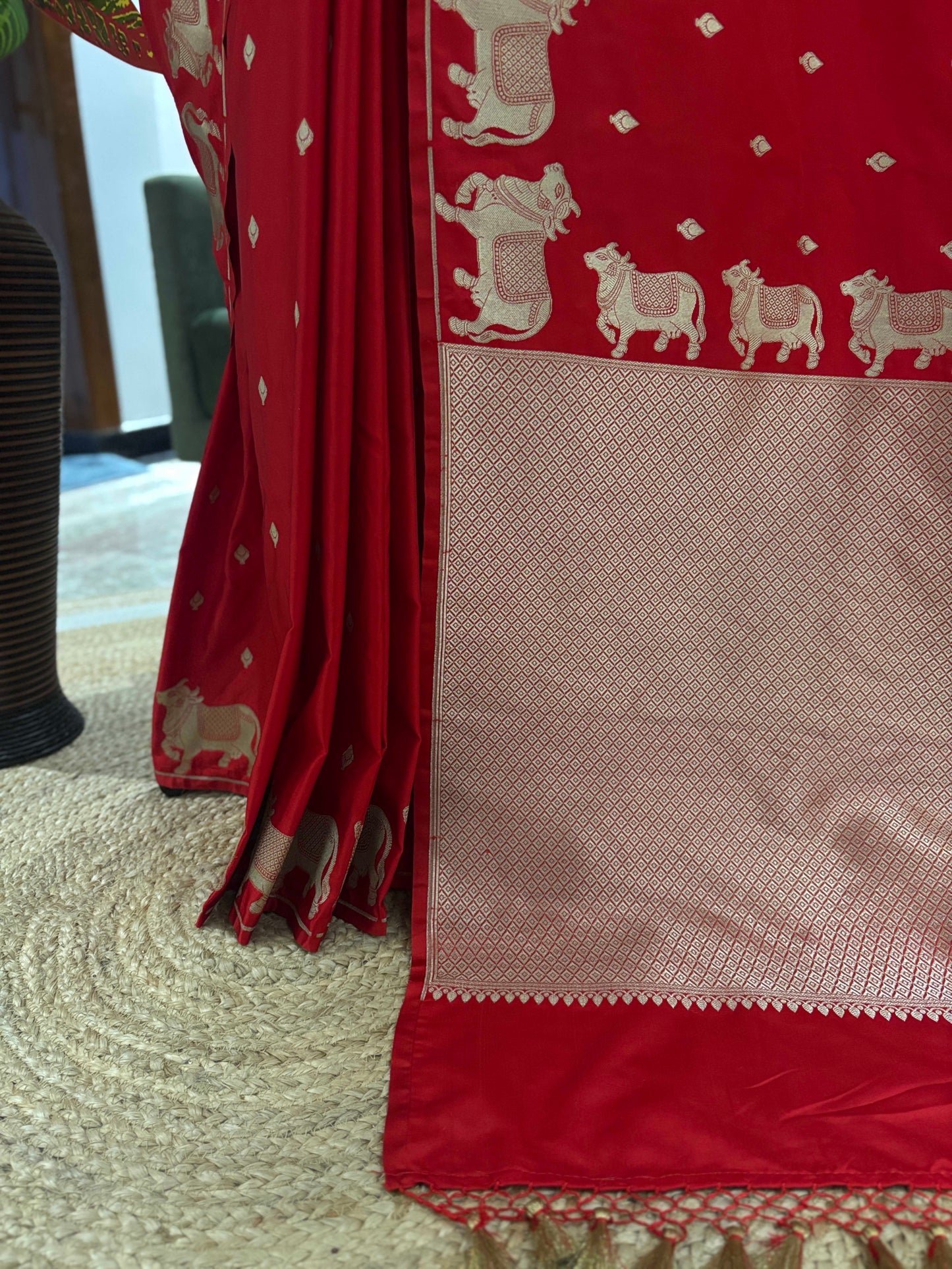 Red Banarasi Saree with Traditional Elephant Motif Zari Work
