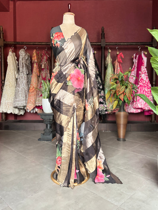 Black Kora Silk Tissue Saree With Striped Pallu and Scallop Border