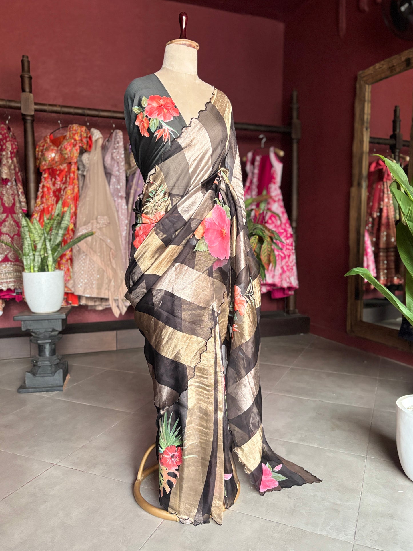 Black Kora Silk Tissue Saree With Striped Pallu and Scallop Border