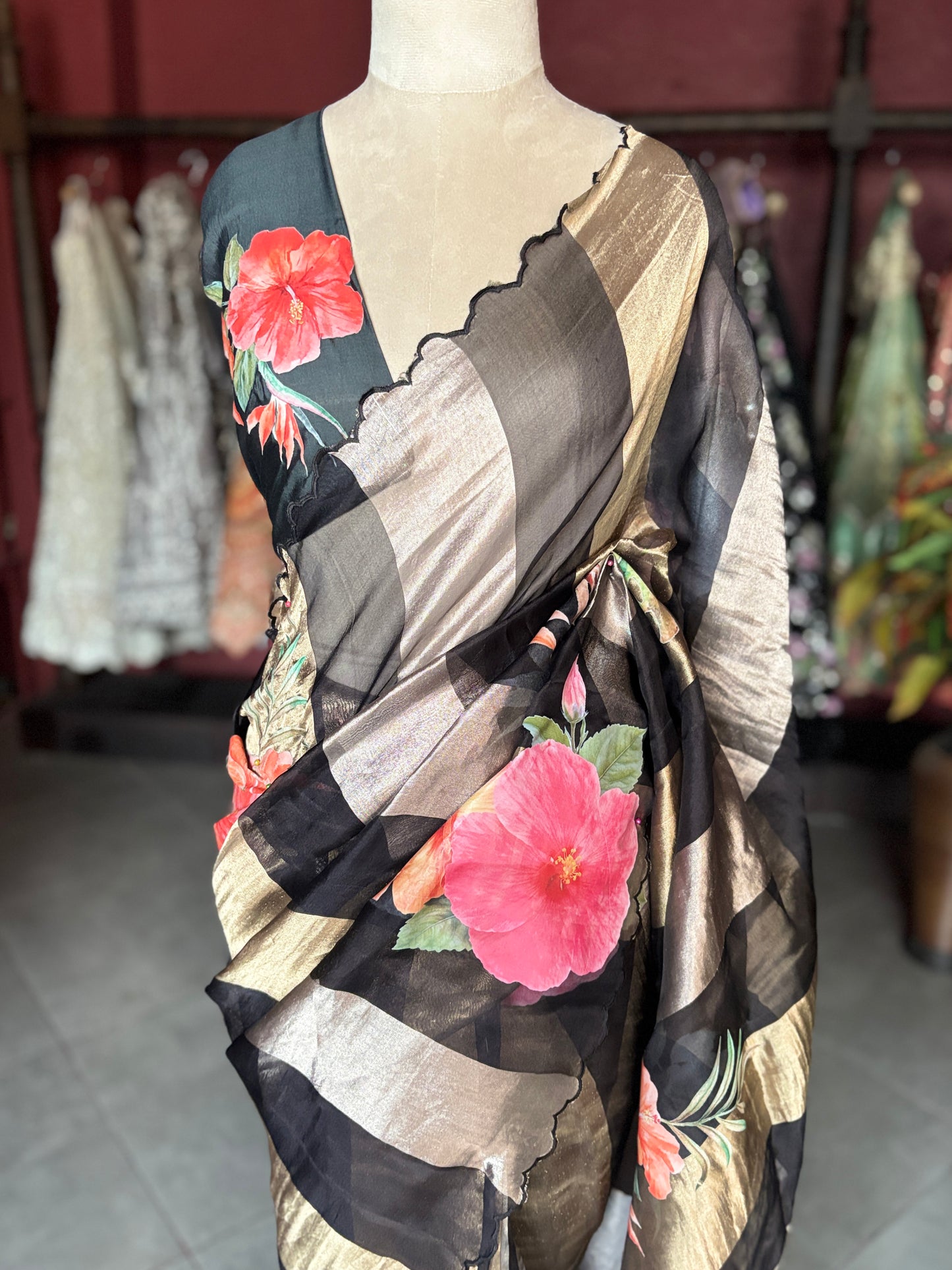 Black Kora Silk Tissue Saree With Striped Pallu and Scallop Border