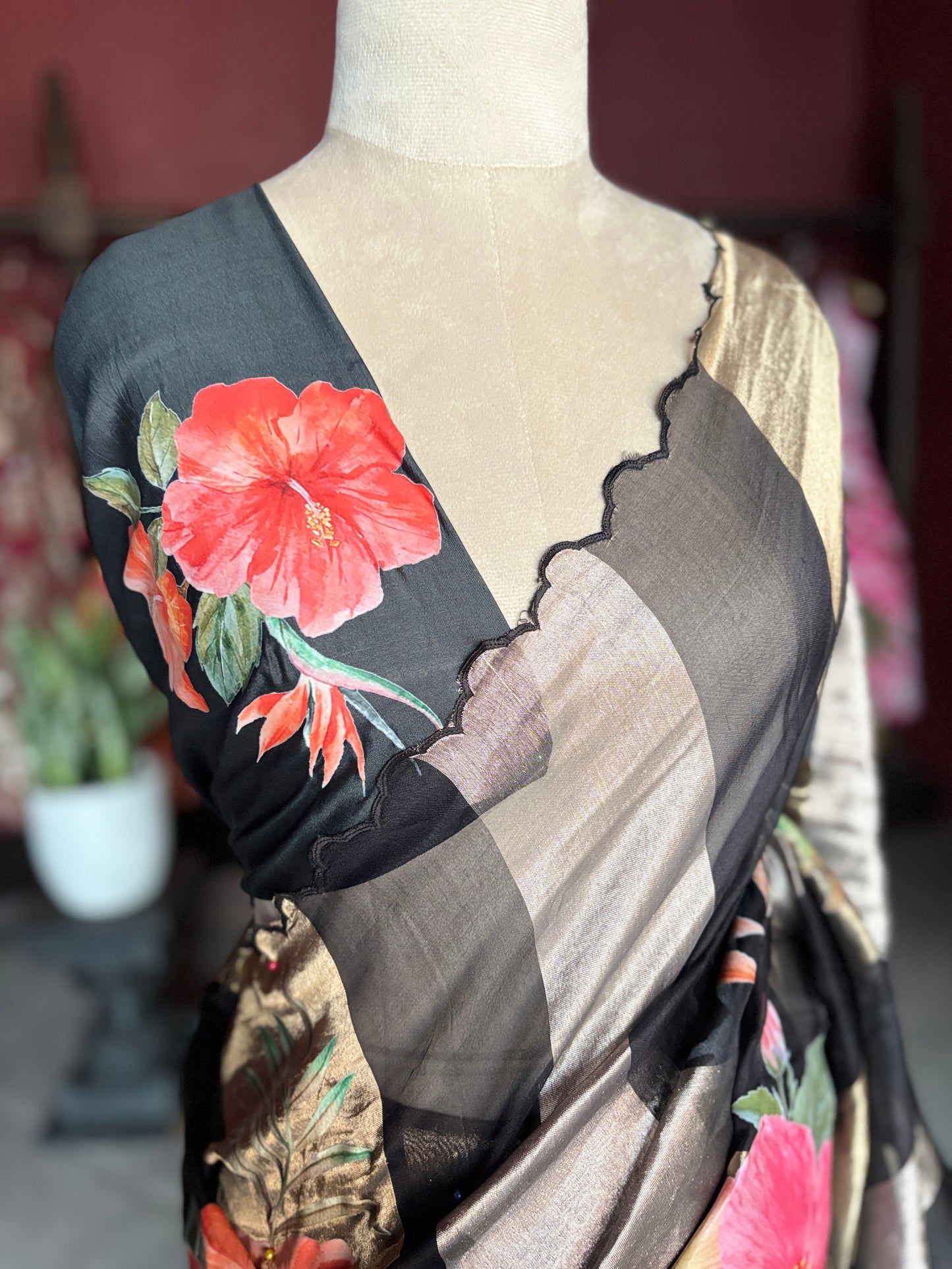 Black Kora Silk Tissue Saree With Striped Pallu and Scallop Border