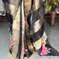Black Kora Silk Tissue Saree With Striped Pallu and Scallop Border