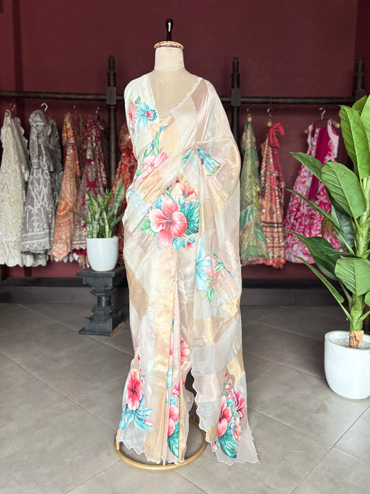 Ivory Kora Silk Tissue Saree With Striped Pallu and Scallop Border