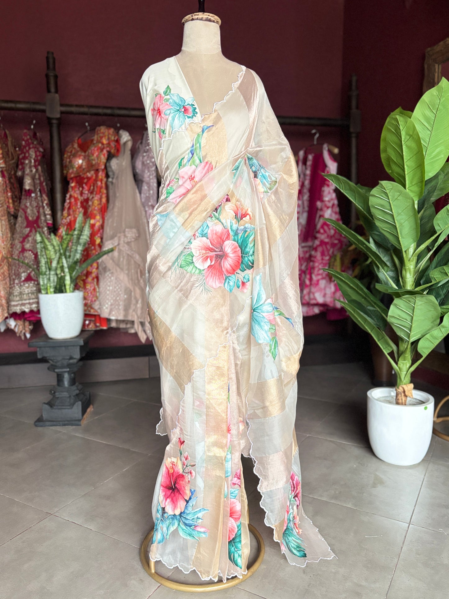 Ivory Kora Silk Tissue Saree With Striped Pallu and Scallop Border