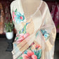 Ivory Kora Silk Tissue Saree With Striped Pallu and Scallop Border