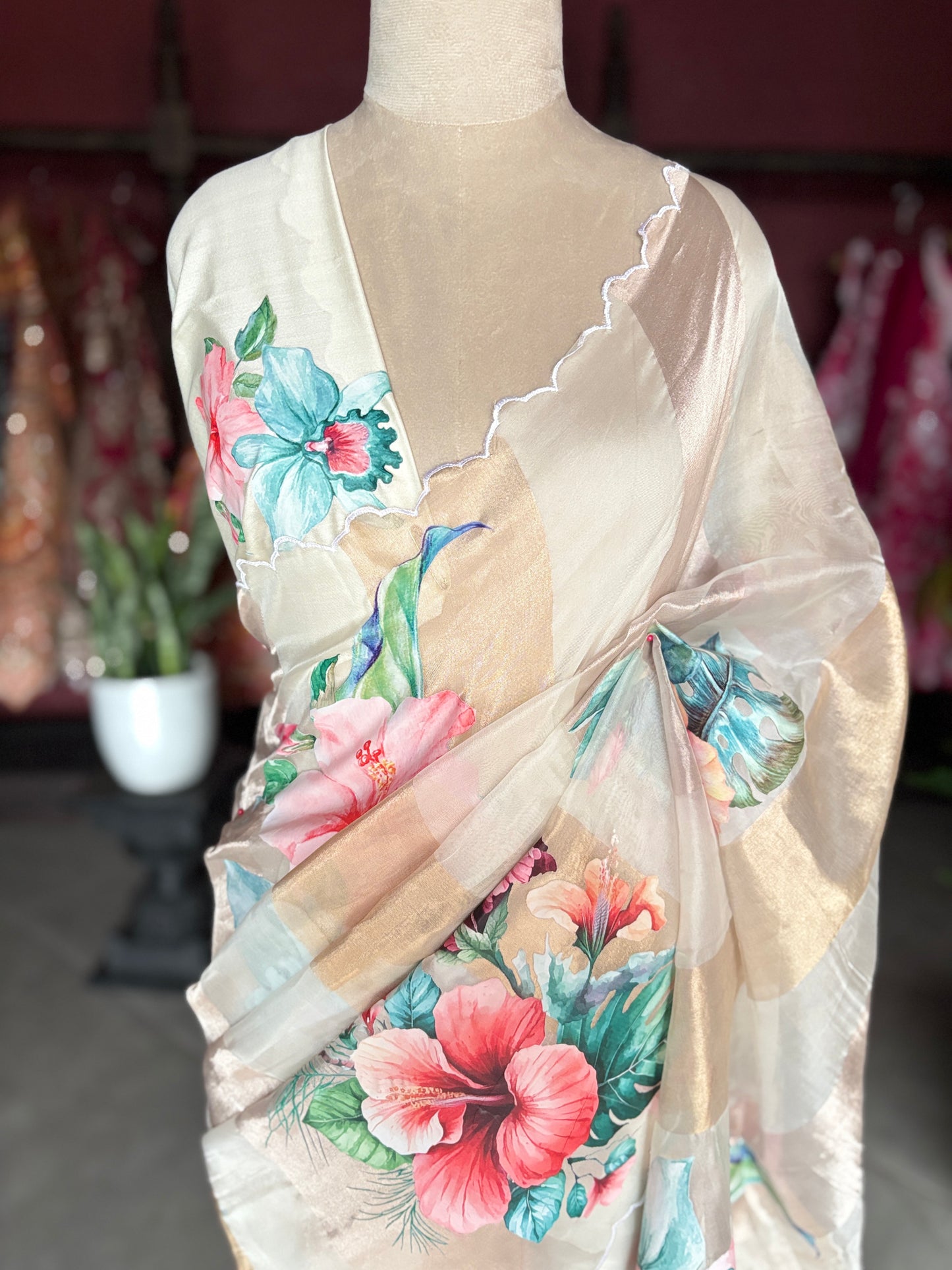 Ivory Kora Silk Tissue Saree With Striped Pallu and Scallop Border