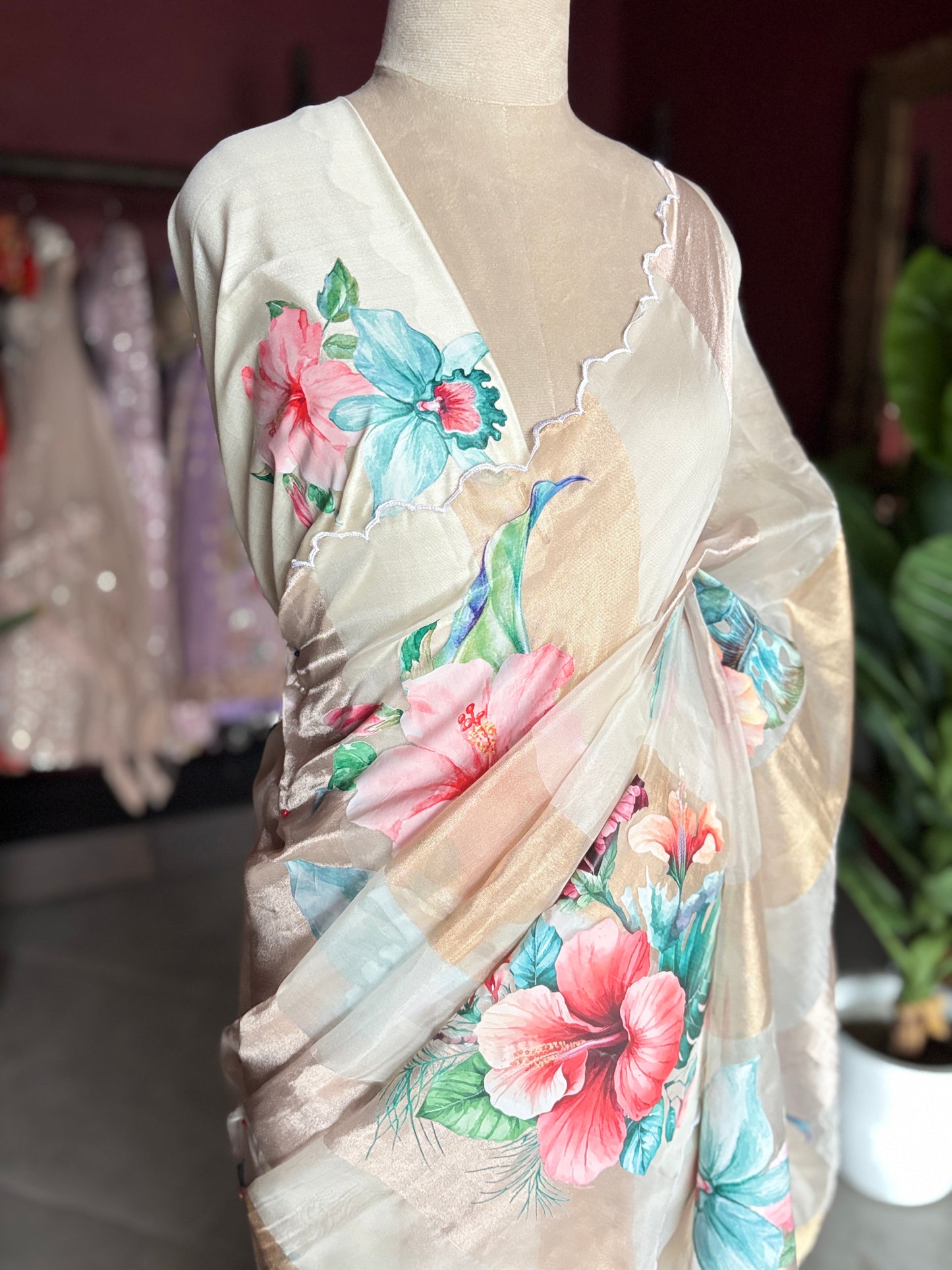 Ivory Kora Silk Tissue Saree With Striped Pallu and Scallop Border