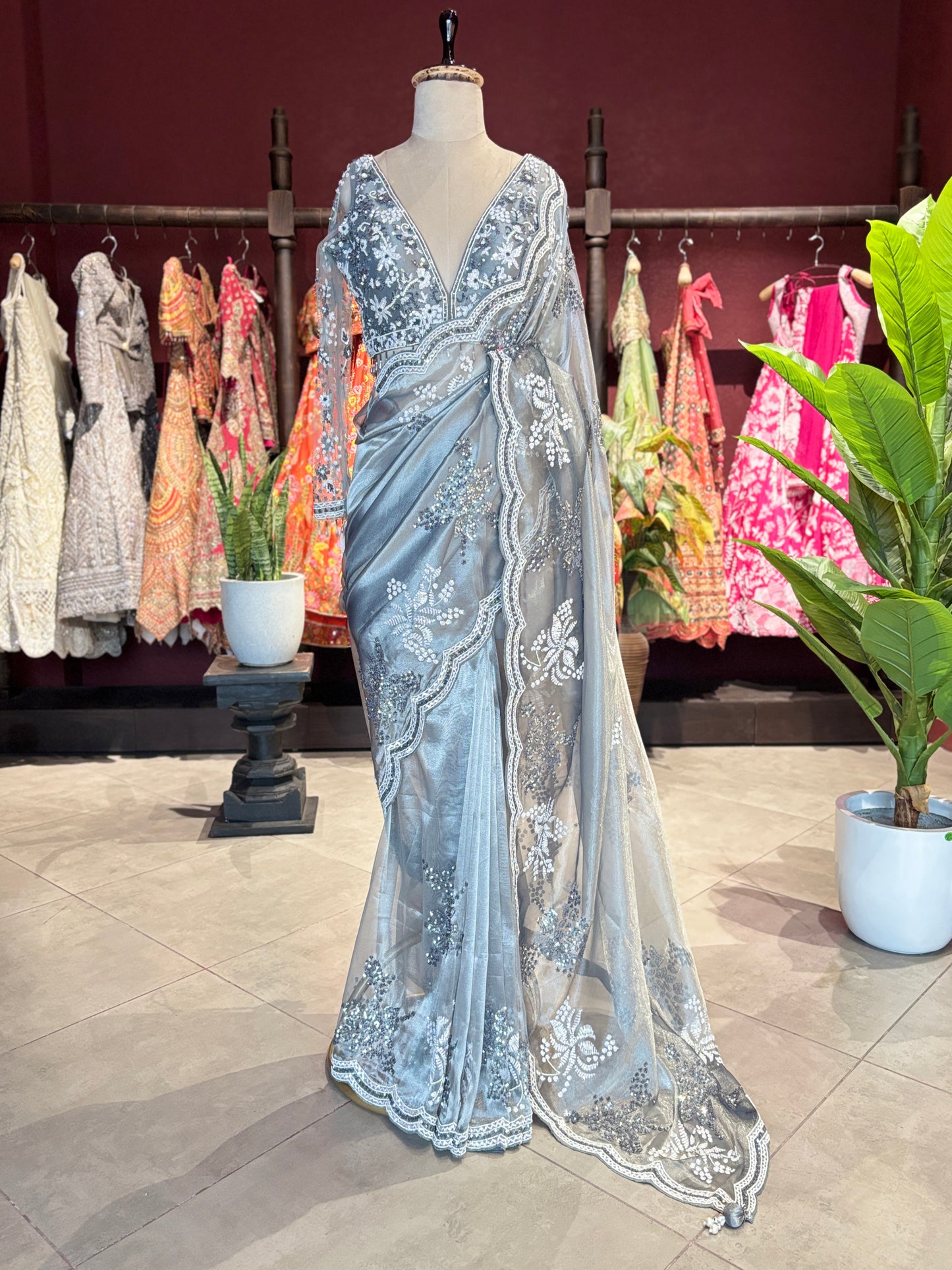 Ice Blue Designer Saree with Silver Embroidery and Scallop Border