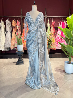 Ice Blue Designer Saree with Silver Embroidery and Scallop Border