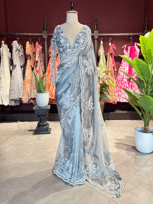 Ice Blue Designer Saree with Silver Embroidery and Scallop Border