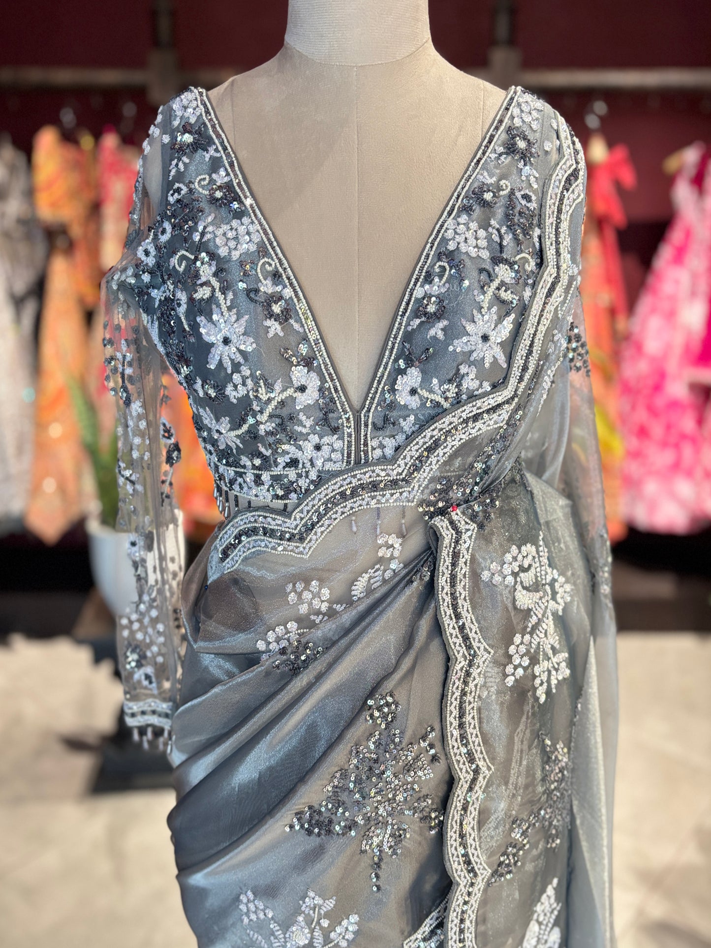 Ice Blue Designer Saree with Silver Embroidery and Scallop Border